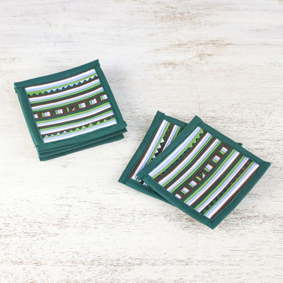 Cotton blend coasters, Lively Lahu in Emerald (set of 6)