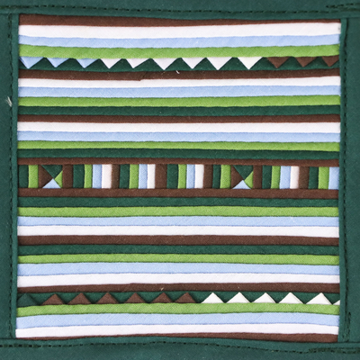 Cotton blend coasters, 'Lively Lahu in Emerald' (set of 6) - Striped Green Blue Brown Cotton Blend Coasters (Set of 6)