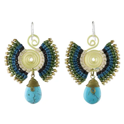 Brass and Calcite Dangle Earrings in Blue from Thailand