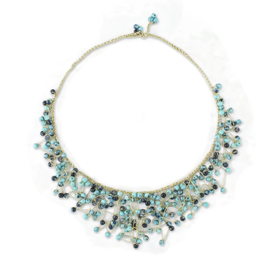 Glass beaded waterfall necklace, 'Fantasy Rain in Blue' - Glass Beaded Waterfall Necklace in Blue from Thailand