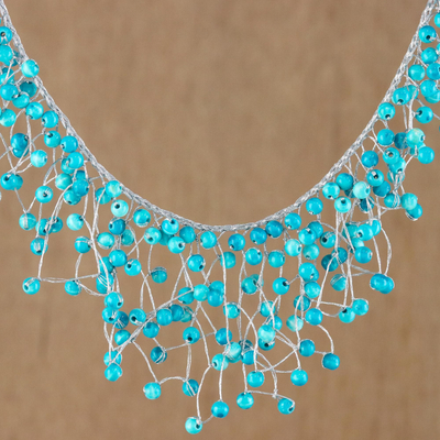 Glass beaded waterfall necklace, 'Fantasy Rain in Sky Blue' - Glass Beaded Waterfall Necklace in Sky Blue from Thailand