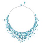 Glass beaded waterfall necklace, 'Fantasy Rain in Sky Blue' - Glass Beaded Waterfall Necklace in Sky Blue from Thailand