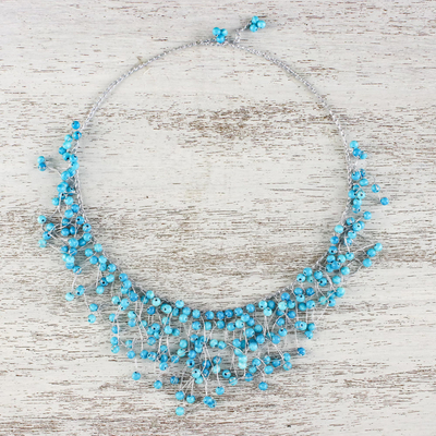 Glass beaded waterfall necklace, 'Fantasy Rain in Sky Blue' - Glass Beaded Waterfall Necklace in Sky Blue from Thailand