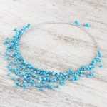 Glass beaded waterfall necklace, 'Fantasy Rain in Sky Blue' - Glass Beaded Waterfall Necklace in Sky Blue from Thailand