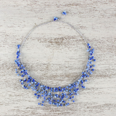 Glass beaded waterfall necklace, 'Fantasy Rain in Deep Blue' - Glass Beaded Waterfall Necklace in Deep Blue from Thailand
