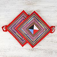 Cotton blend trivets, 'Lahu Cooking in Red' (pair) - Pair of Handmade Cotton Blend Trivets from Thailand