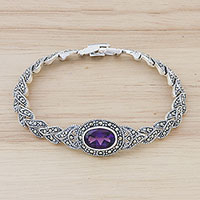 Amethyst link bracelet, 'Leaves of Violet' - Amethyst and Sterling Silver Link Bracelet from Thailand