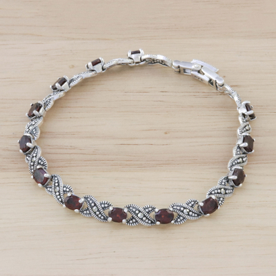 Garnet link bracelet, 'Enchanting Scarlet' - Handmade Thai Garnet and Sterling Silver Link Bracelet