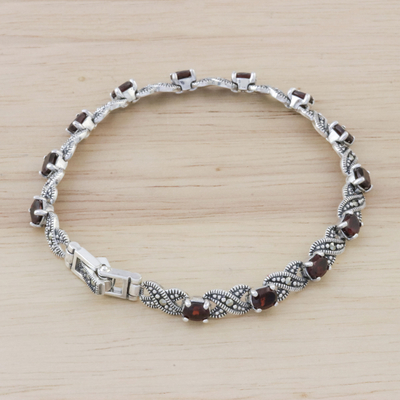 Garnet link bracelet, 'Enchanting Scarlet' - Handmade Thai Garnet and Sterling Silver Link Bracelet
