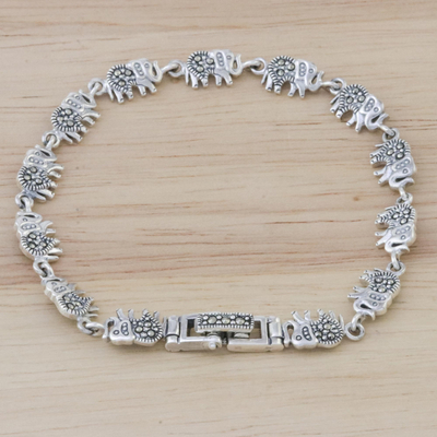 Markasit und Sterling Silber Gliederarmband "Marching Elephants" - Glieder-Armband aus Sterlingsilber mit Elefant-Motiven und Markasit