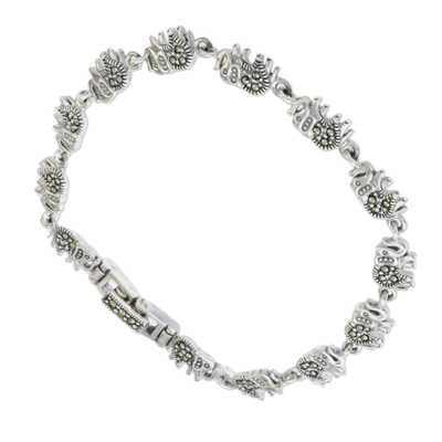 Marcasite and sterling silver link bracelet, 'Marching Elephants' - Marcasite and Sterling Silver Elephant Link Bracelet