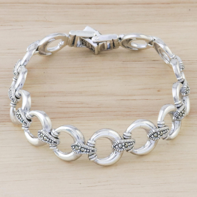 Sterling silver link bracelet, 'Blessed Moon' - Marcasite and Sterling Silver Link Bracelet from Thailand