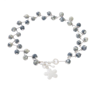 Jasper beaded link bracelet, 'Scattered Clouds' - Jasper and Karen Hill Tribe Silver Flower Beaded Bracelet