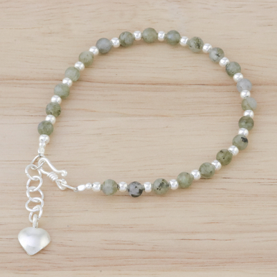 Labradorite beaded bracelet, 'Serene Heart' - Labradorite and Karen Hill Tribe Silver Heart Beade Bracelet