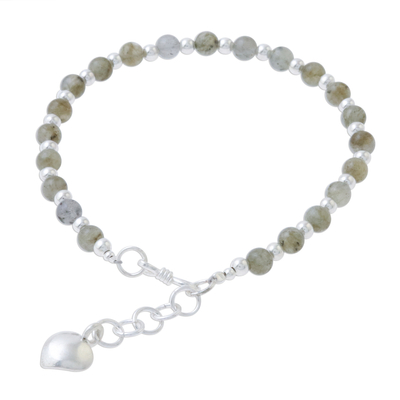 Labradorite beaded bracelet, 'Serene Heart' - Labradorite and Karen Hill Tribe Silver Heart Beade Bracelet