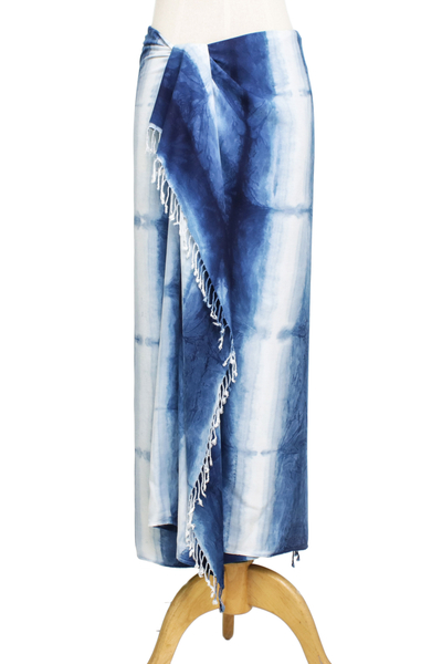 Tie-dyed rayon sarong, 'Cool Waves' - Unisex Handmade Rayon Tie Dye Sarong in Navy Blue