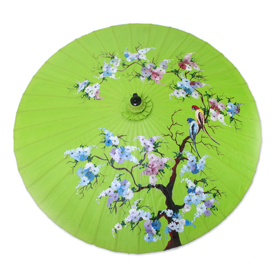 Cotton and bamboo parasol, 'Catch My Eye' - Floral Cotton and Bamboo Parasol in Spring Green