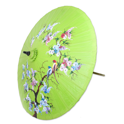 Cotton and bamboo parasol, 'Catch My Eye' - Floral Cotton and Bamboo Parasol in Spring Green