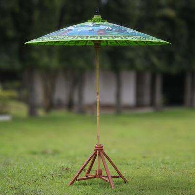 Cotton and bamboo parasol, 'Meeting Point' - Crane-Themed Cotton and Bamboo Parasol in Spring Green