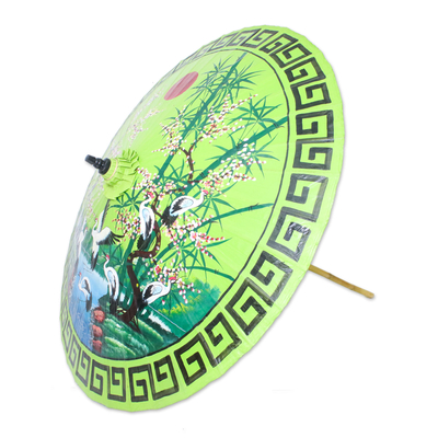 Cotton and bamboo parasol, 'Meeting Point' - Crane-Themed Cotton and Bamboo Parasol in Spring Green