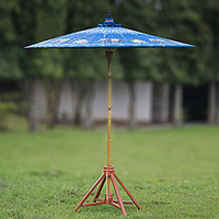 Cotton and bamboo parasol, 'Happy Little Elephants' - Elephant-Themed Cotton and Bamboo Parasol in Sapphire