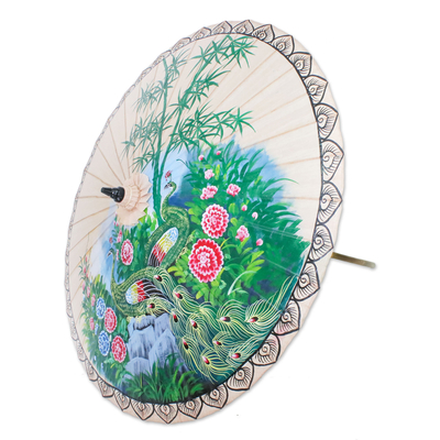 Cotton and bamboo parasol, 'Heavenly Peacocks' - Peacock-Themed Cotton and Bamboo Parasol in Buff