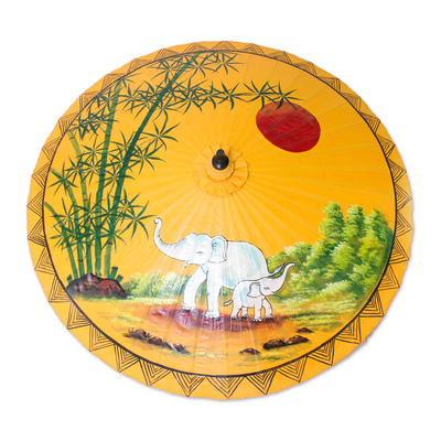 Cotton and bamboo parasol, 'Joyful Dance' - Elephant-Themed Cotton and Bamboo Parasol in Goldenrod