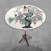 Cotton and bamboo parasol, 'Appealing Nature' - Crane-Themed Cotton and Bamboo Parasol in White