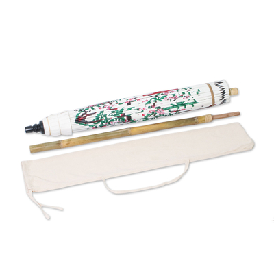 Sombrilla de algodón y bambú - Sombrilla de algodón y bambú con diseño de grulla en blanco