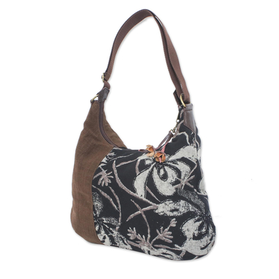 Cotton hobo bag, 'Blossoming Chocolate' - Fair Trade Leather Accent Brown and Black Cotton Hobo Bag