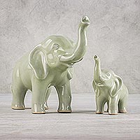 Celadon ceramic statuettes, 'Maternal Elephant' (pair) - Set of 2 Ceramic Statuettes of Mother and Calf Elephant