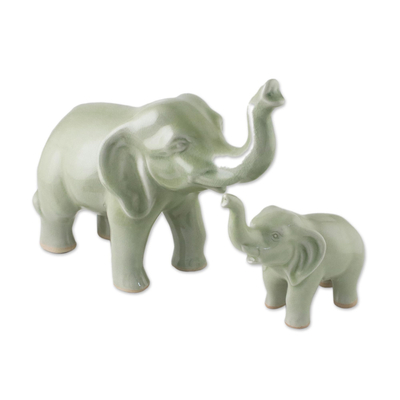 Set of 2 Ceramic Statuettes of Mother and Calf Elephant