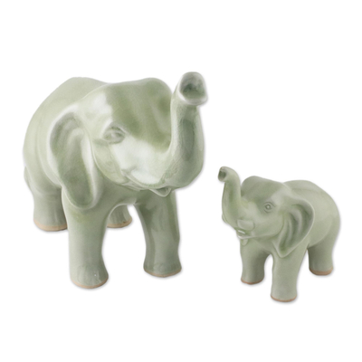 Celadon ceramic statuettes, 'Maternal Elephant' (pair) - Set of 2 Ceramic Statuettes of Mother and Calf Elephant