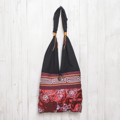 Bolso bandolera de algodón - Bolso de hombro de algodón negro y rojo con estampado floral