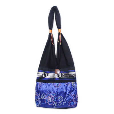 Black and Blue Cotton with Floral Pattern Shoulder Bag
