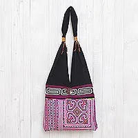 Bolso de hombro de algodón, 'Thai Brilliance' - Bolso de hombro de algodón Boho-Chic rosa y negro de Tailandia