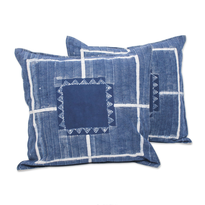 Batik cotton cushion covers, 'Energetic Stripes' (pair) - Batik Cotton Cushion Covers in Indigo from Thailand (Pair)