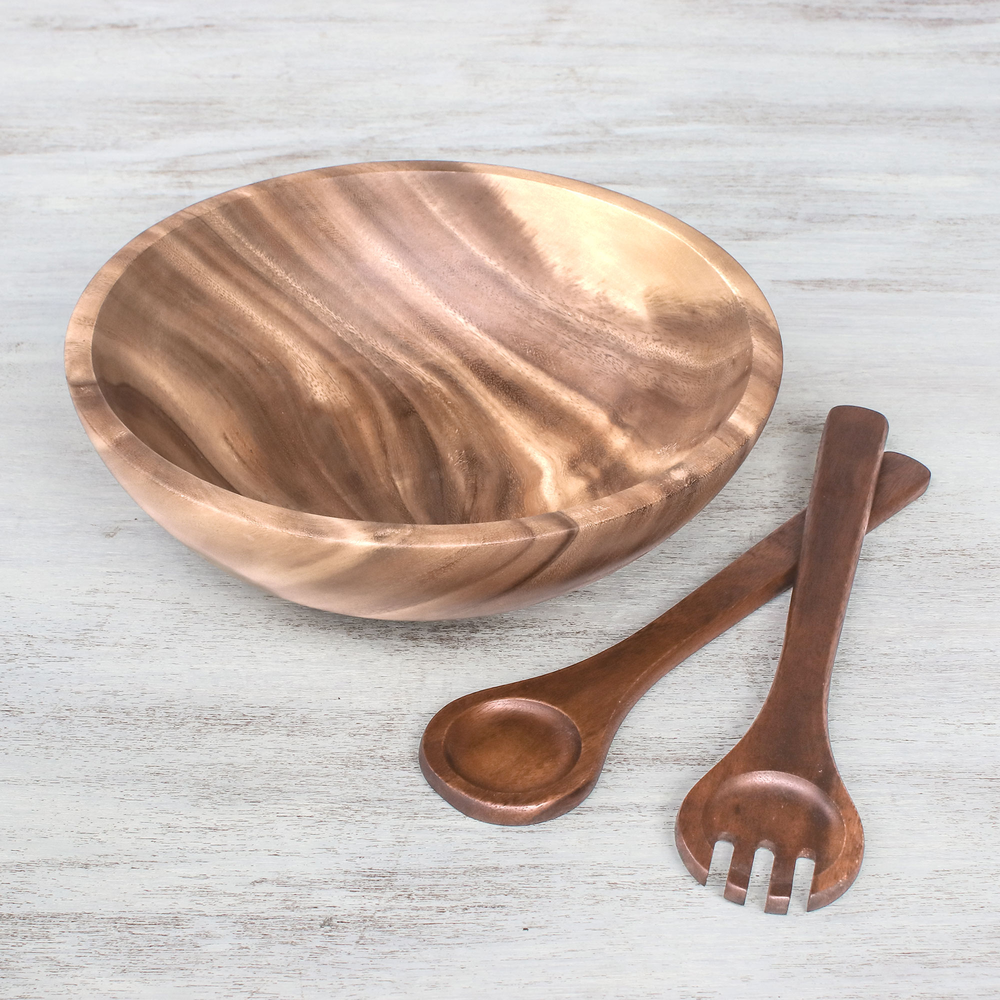 Handcrafted Wood Salad Bowl with Serving Spoon and Fork Share NOVICA