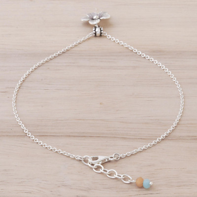Silver charm anklet, 'Charm in Bloom' - Handmade Quartz and Silver Floral Anklet from Thailand