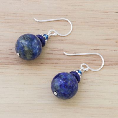 Lapis lazuli beaded dangle earrings, 'Global Wonder' - Lapis Lazuli Beaded Dangle Earrings from Thailand