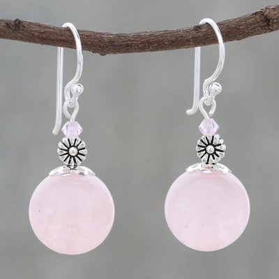Rose quartz beaded dangle earrings, 'Bonbon Bloom' - Rose Quartz Beaded Dangle Earrings from Thailand