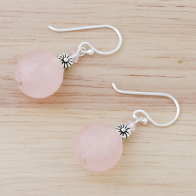 Rose quartz beaded dangle earrings, 'Bonbon Bloom' - Rose Quartz Beaded Dangle Earrings from Thailand