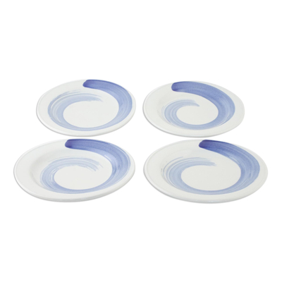Ceramic dessert plates, 'Blue Winds' (set of 4) - Artisan Crafted Blue and White Ceramic Set of Four Plates