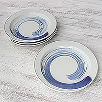 Four Artisan Crafted Blue and White Ceramic Luncheon Plates,'Blue Winds'