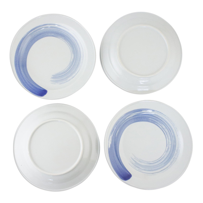 Ceramic luncheon plates, 'Blue Winds' (set of 4) - Four Artisan Crafted Blue and White Ceramic Luncheon Plates
