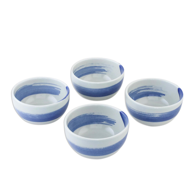 Cuencos de postre de cerámica, (juego de 4) - Juego de cuatro cuencos pequeños de cerámica azul y blanca hechos a mano