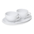 Keramikbecher und Snackteller, (Set für zwei) - Kunsthandwerklich gefertigtes Set aus zwei Tassen und einem Snackteller aus weißer Keramik