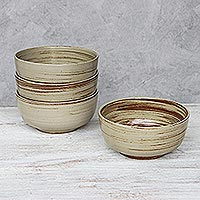 Handcrafted Beige and Brown Set of Four Ceramic Cereal Bowls,'Typhoon'