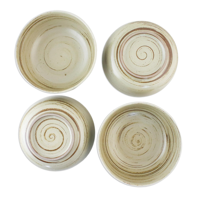 Ceramic cereal bowls, 'Typhoon' (set of 4) - Handcrafted Beige and Brown Set of Four Ceramic Cereal Bowls
