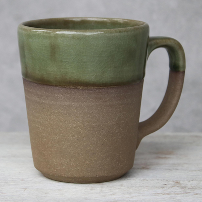 Ceramic mug, 'Green Patina' - Handcrafted Brown and Green Two-Tone Ceramic Mug